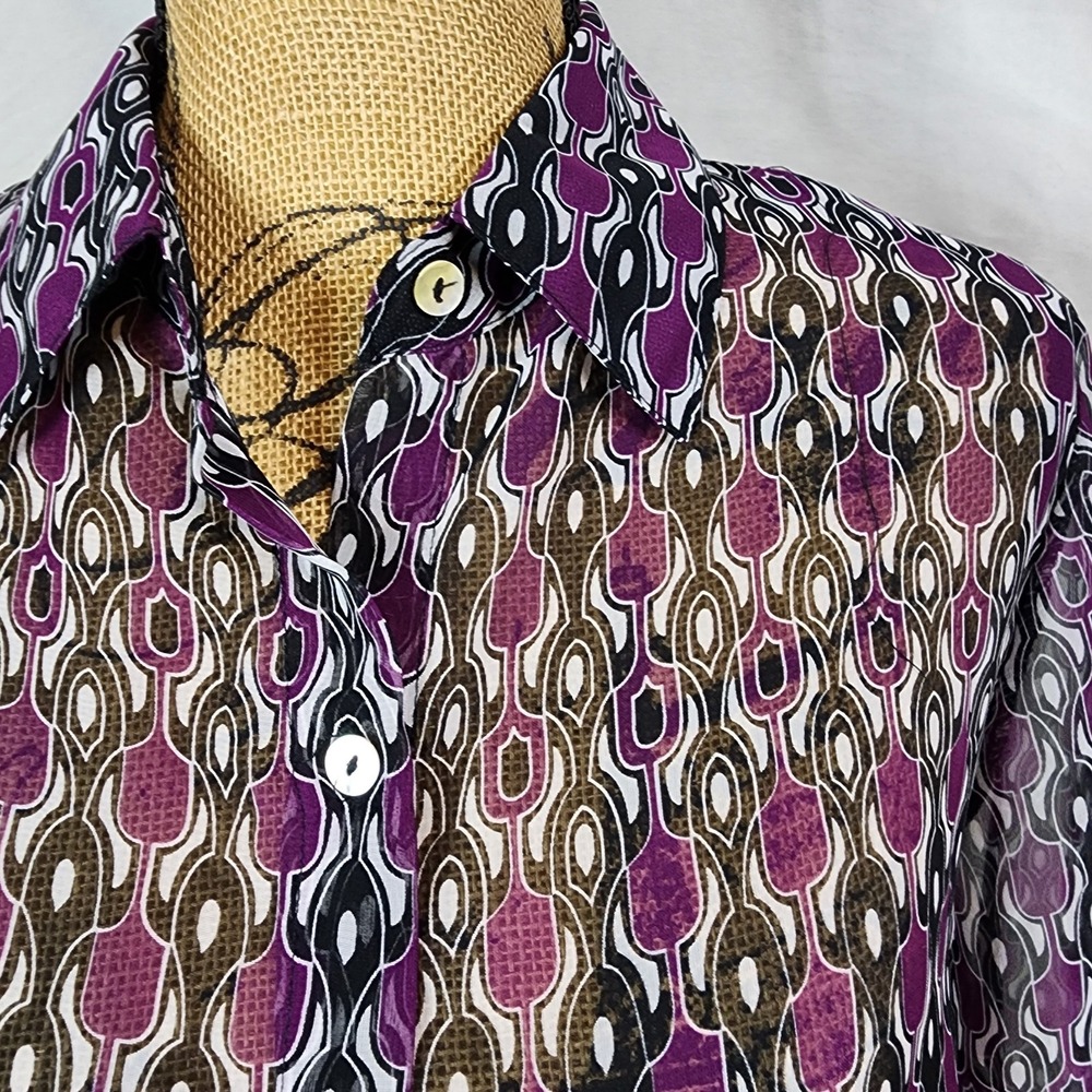 NICOLA Size Med Sheer Geometric Print Chiffon Flare Sleeve Office Casual Blouse - Picture 5 of 13
